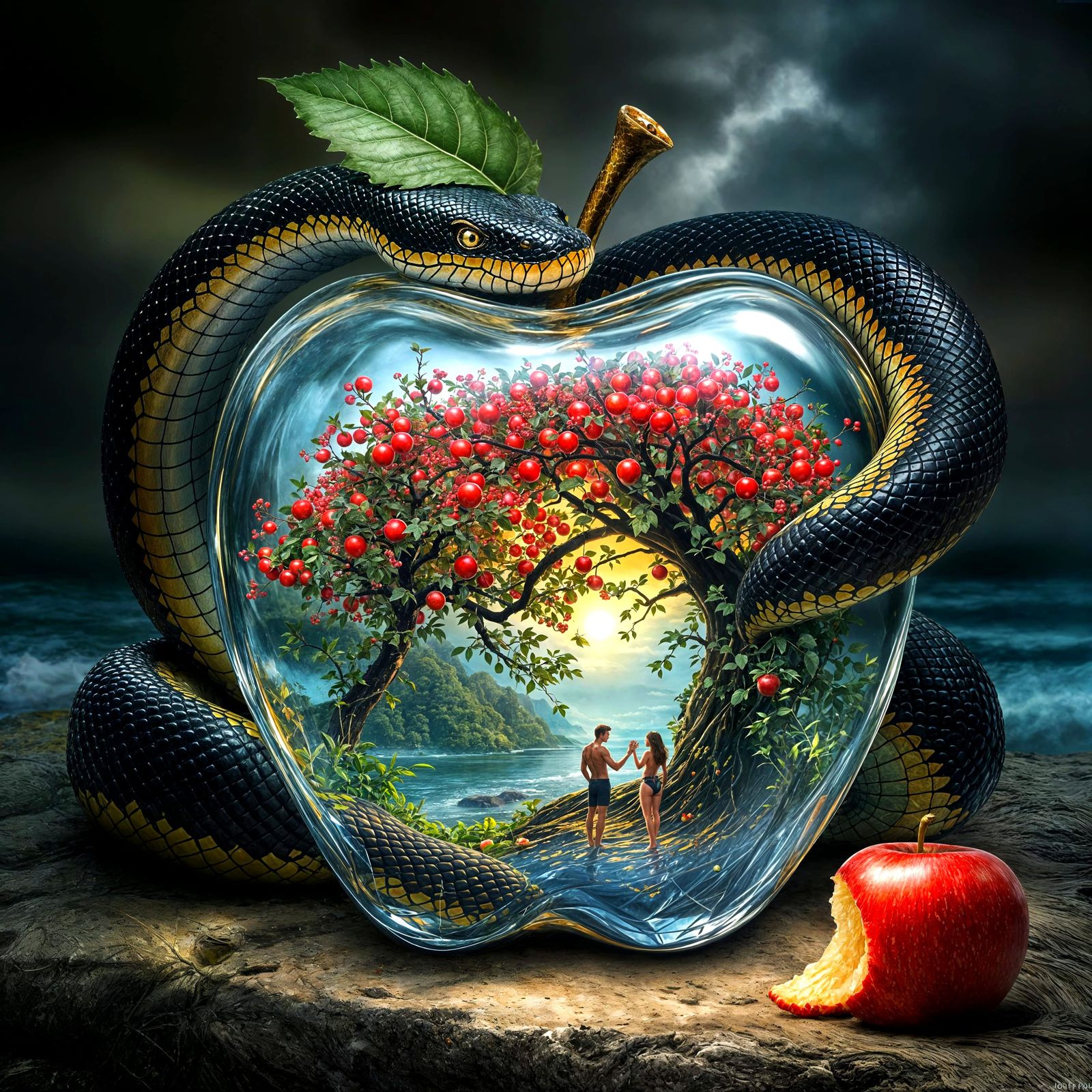 Hyperrealistic Serpent Contemplates Eden's Forbidden Fruit