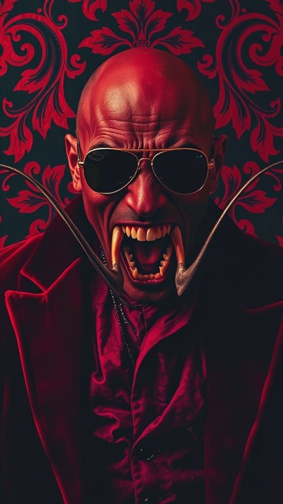 Crimson Fanged Figure in Oil Painting Style