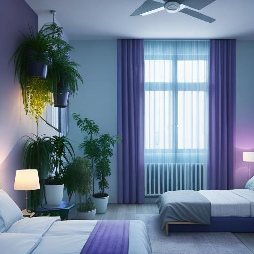 Modern Bedroom in Violet and Aquamarine with Bokeh