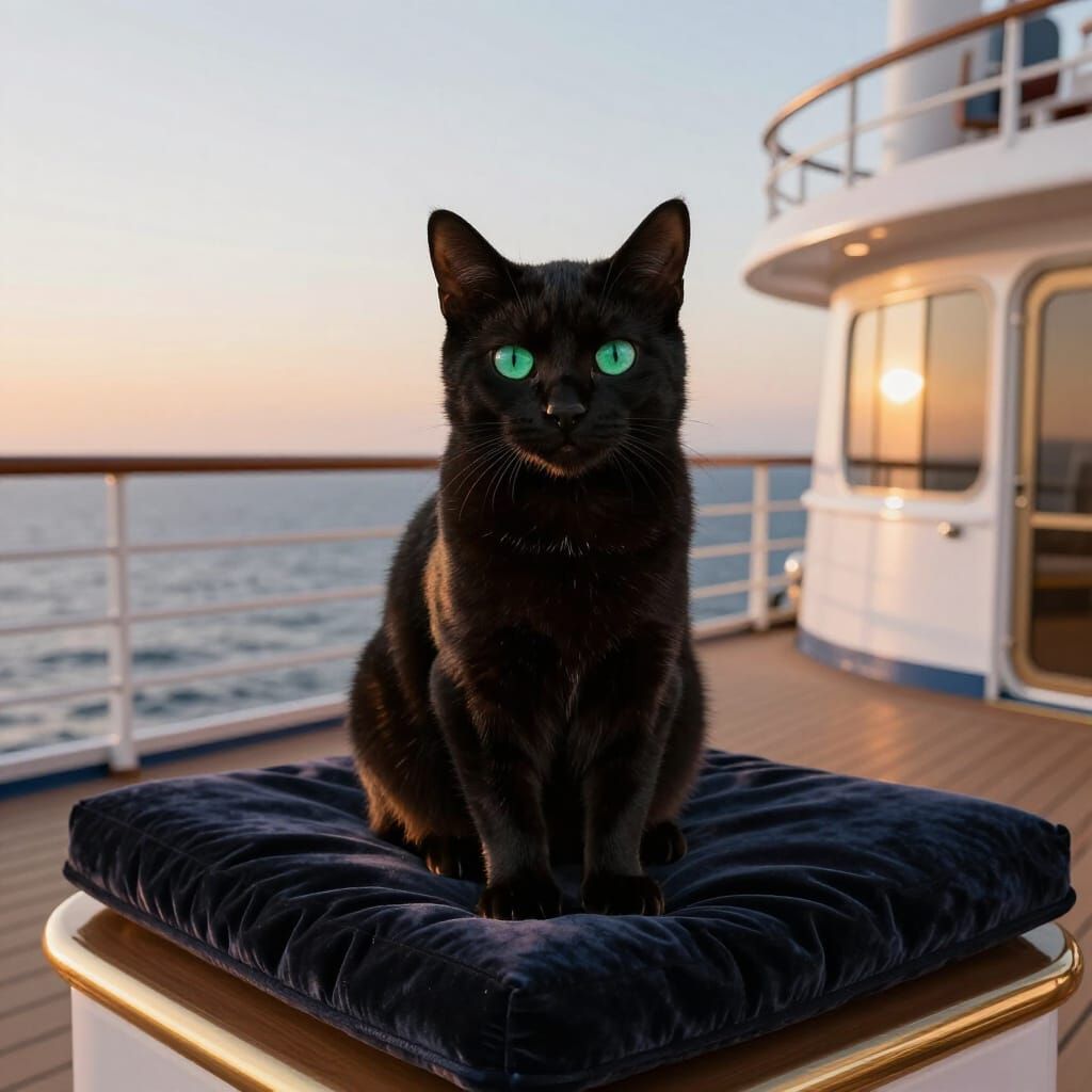 Regal Black Cat on Cruise Ship Deck at Sunset