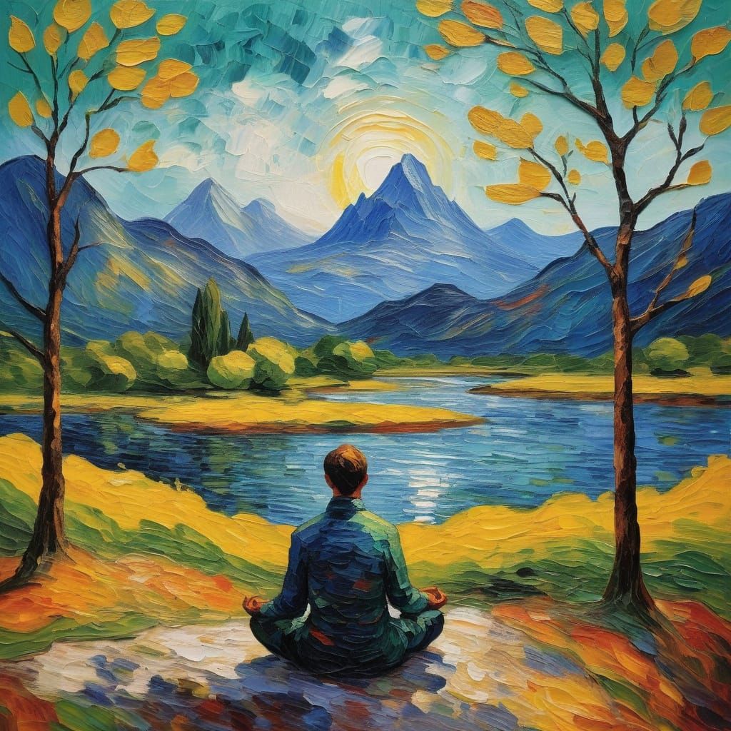 Peaceful Mountain River Landscape in Vibrant Impasto Style
