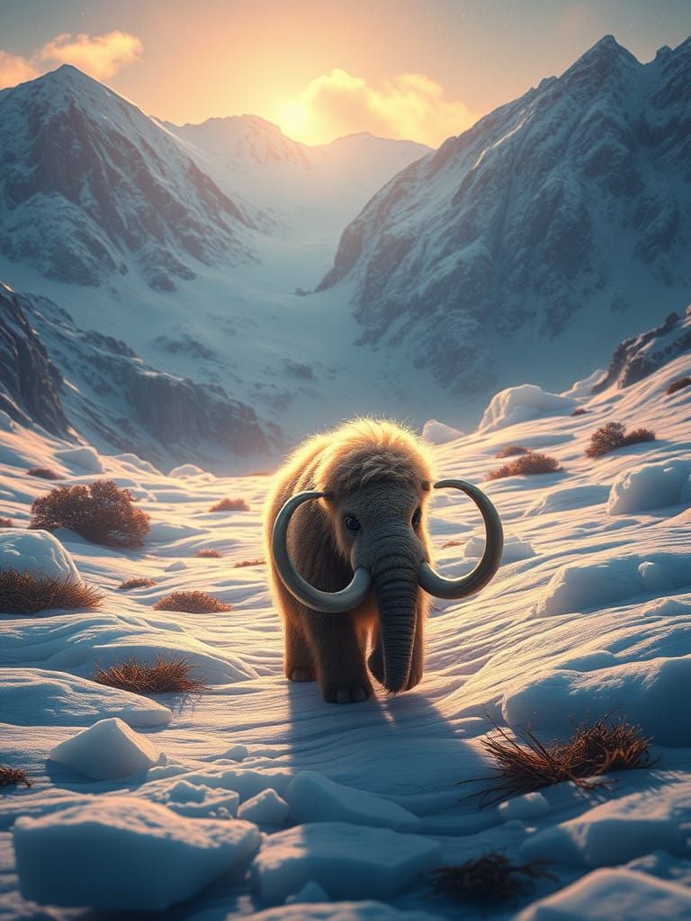 A Fluffy Baby Wooly Mammoth Chases His Mother Through Autumn...