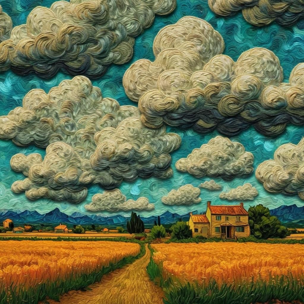 Rustic Landscape in Impasto Style with Billowing Clouds