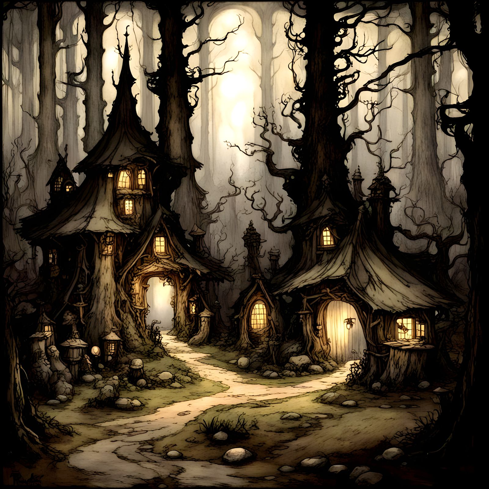Fantasy fairy village in a dark and haunted forest