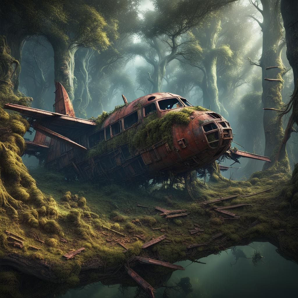 Planewreck in Forest: Detailed Matte Painting