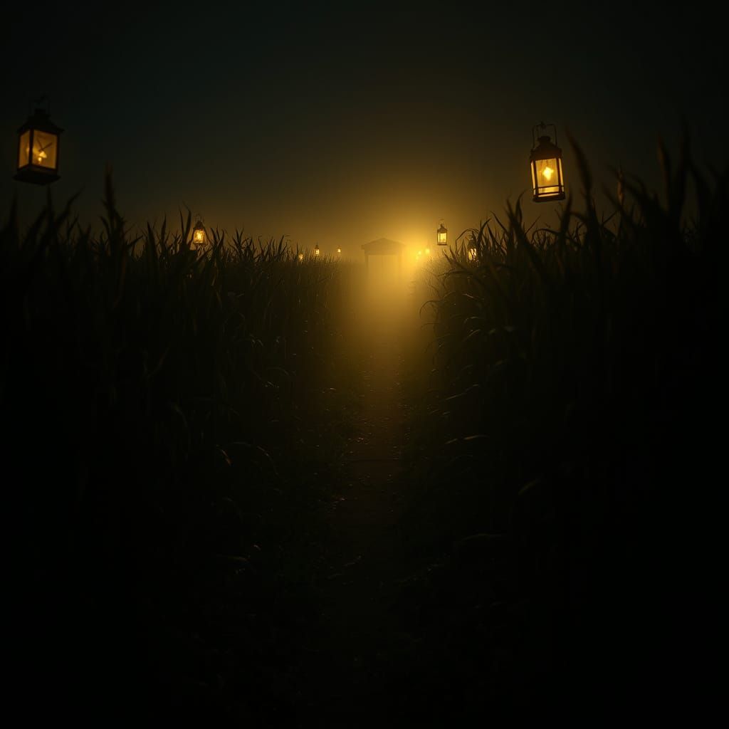 Cinematic Night Corn Maze with Lanterns and Shadows