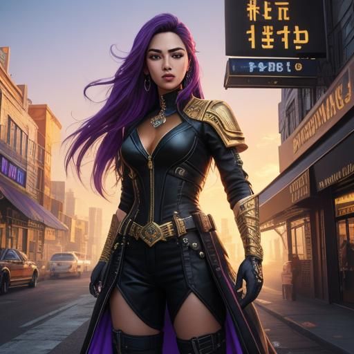 A purple-haired female warrior.