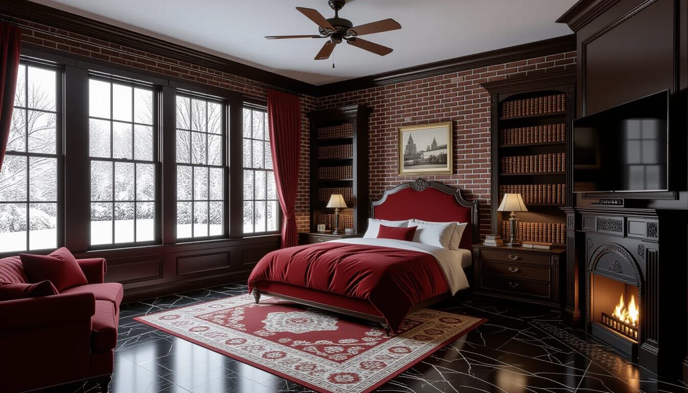Victorian Bedroom with Snowy View and Fireplace
