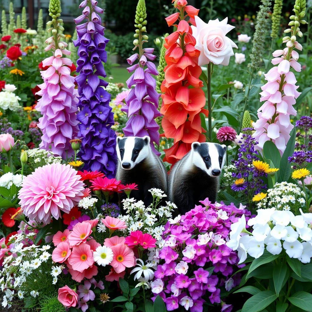 Harmonious Flower Garden with Badgers