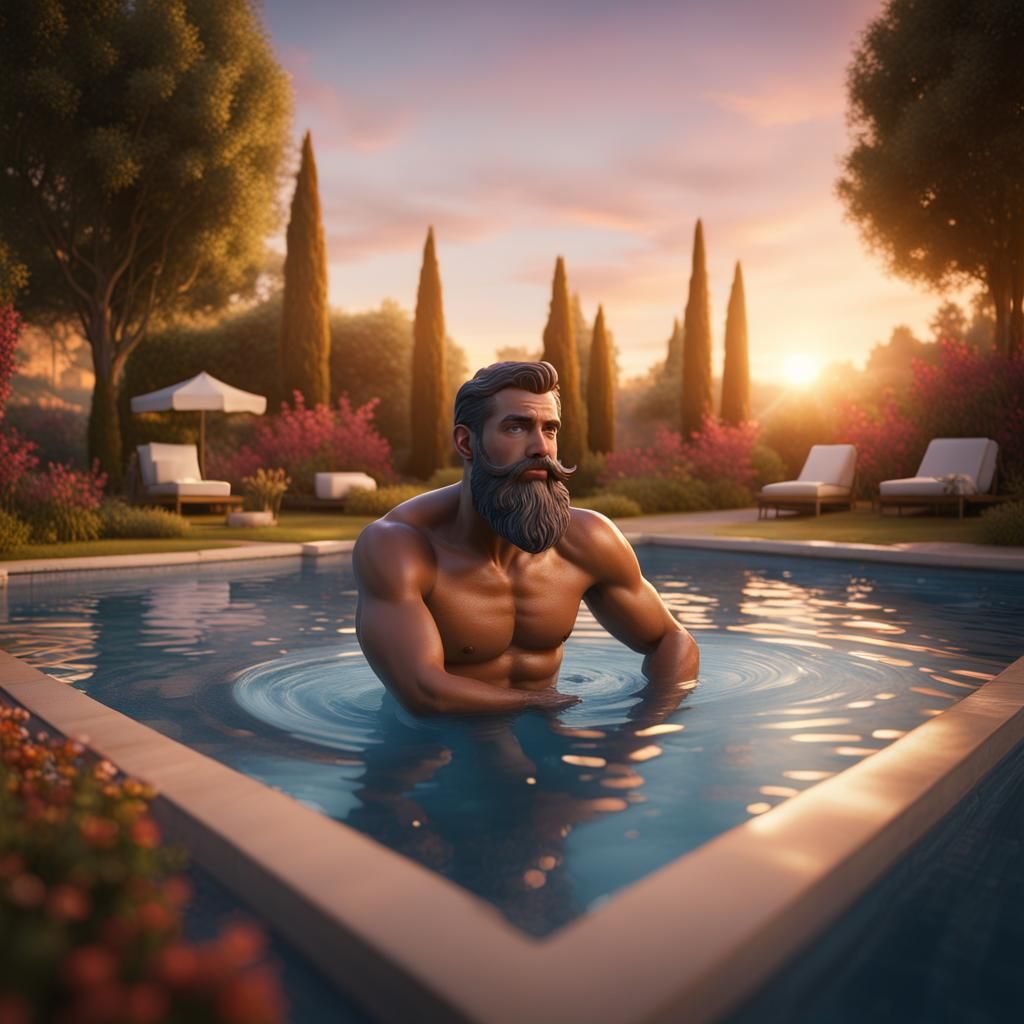 Cartoon Man in Pool at Sunset: Digital Art