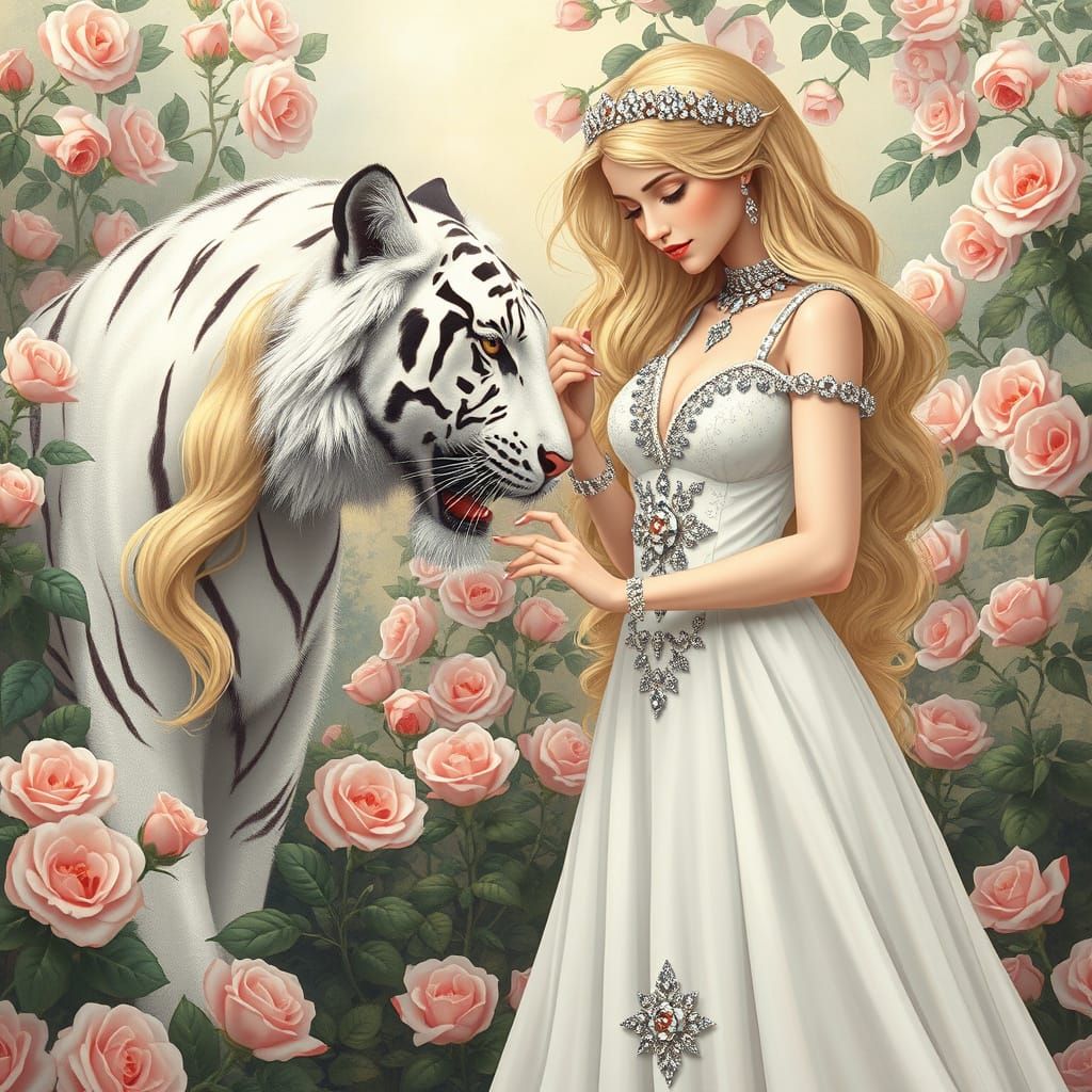 Princess and White Tiger in Enchanted Rose Garden