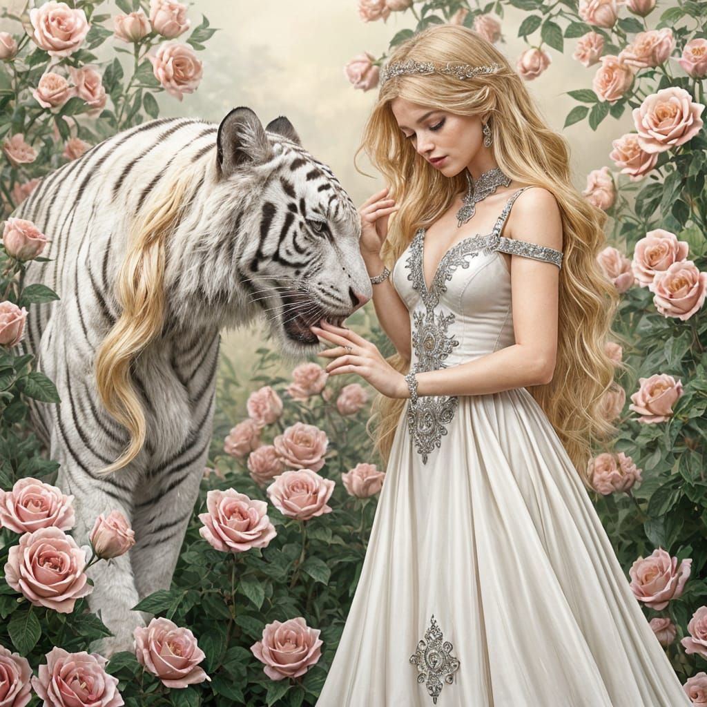 Princess and White Tiger in Enchanted Rose Garden