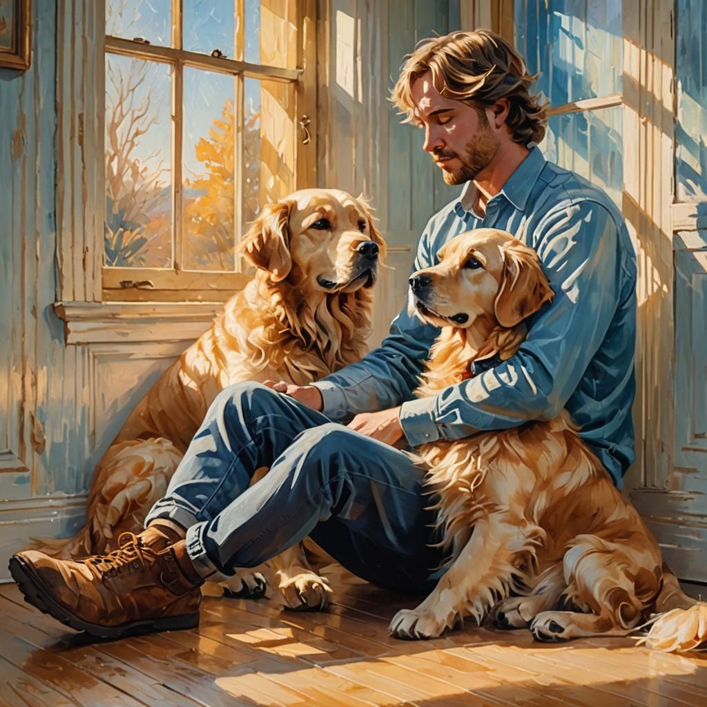Man Comforts Retriever: Dreamy Impressionist Oil Painting