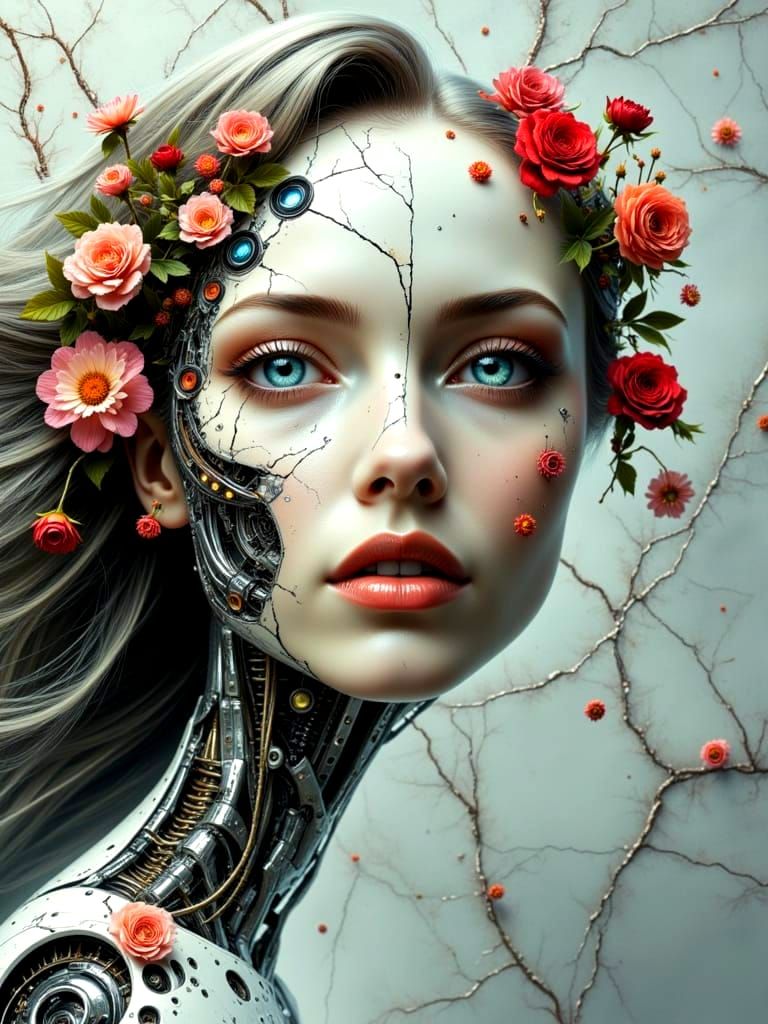 Surreal, Split-Screen Portrait of a Marble Cyborg Goddess