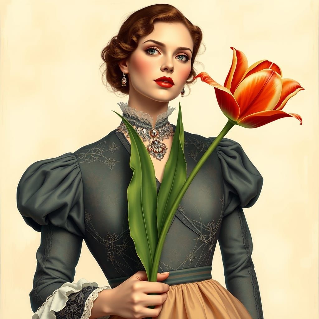 Elegant Woman with Tulip in Art Nouveau Style