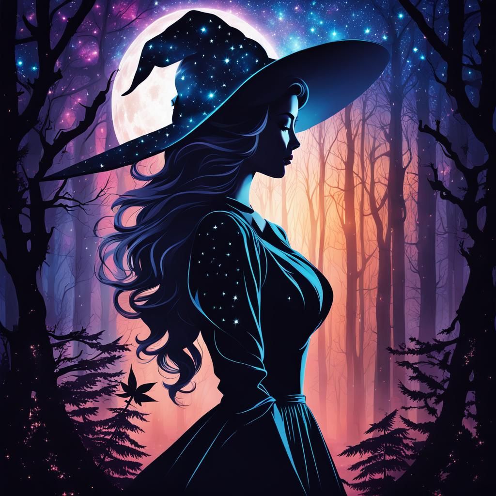 Ethereal Woman with Starry Silhouette and Woodlands