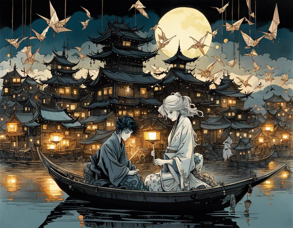 Origami People in Japanese Village, Fantasycore Art