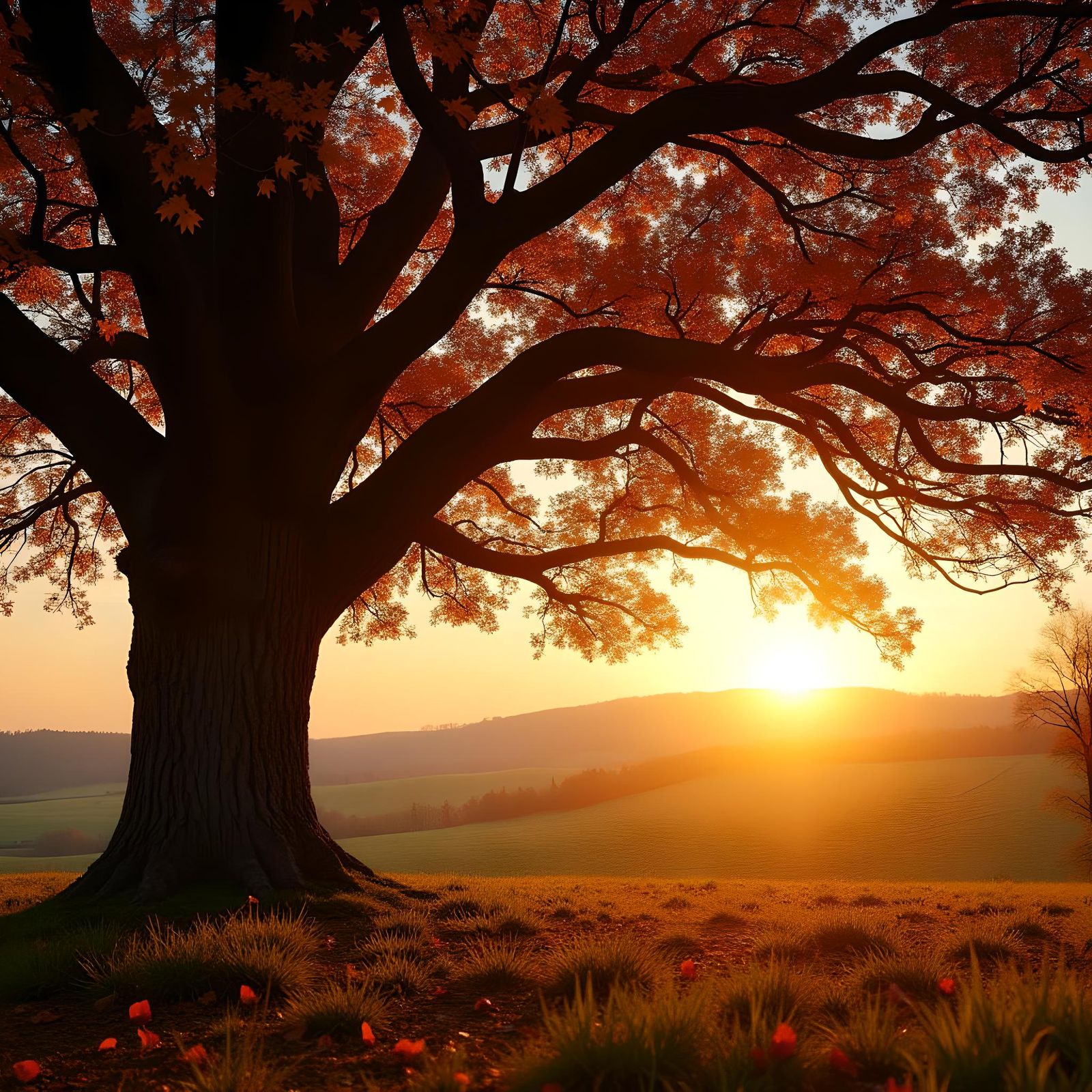 Autumn Oak Tree at Sunset