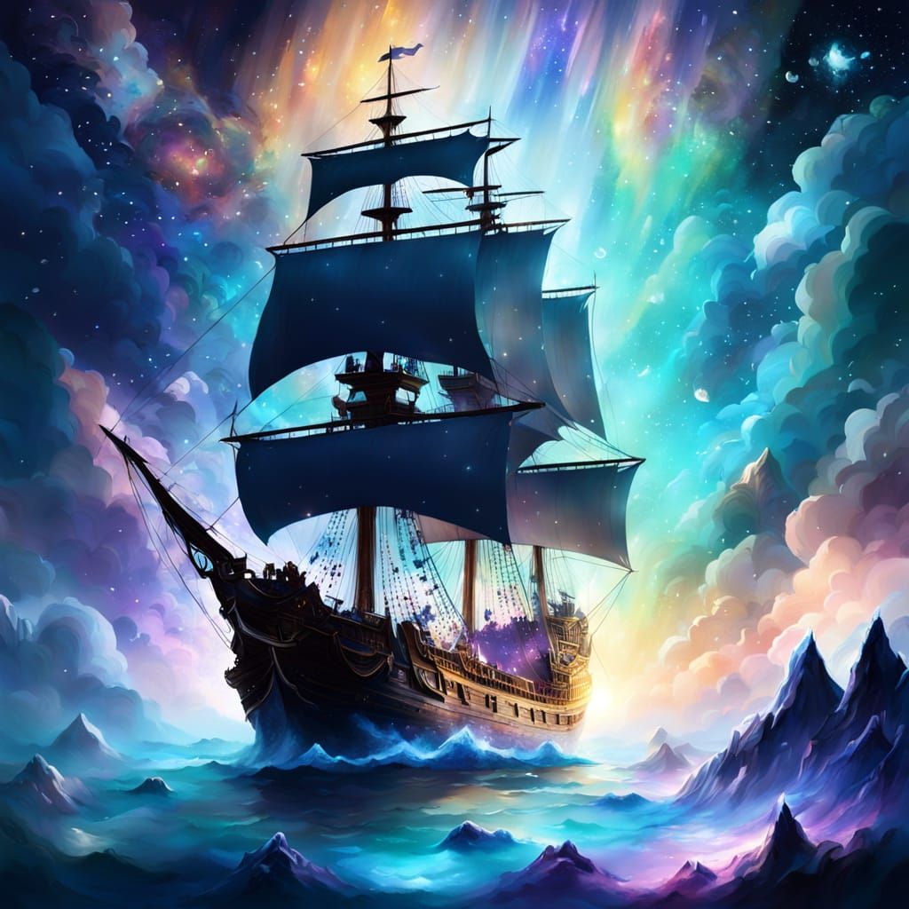 Ethereal Galleon Navigating Nebula in Splatter Art