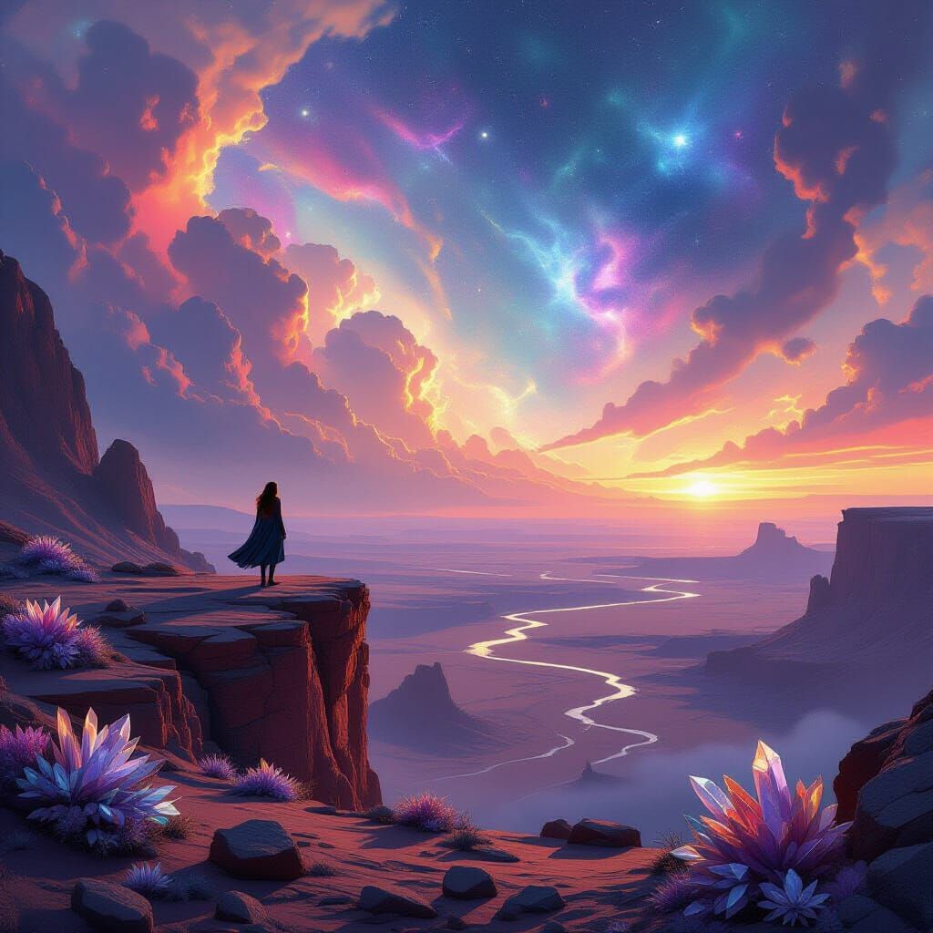 Woman on Alien Cliff Edge Overlooking Cosmic Desert