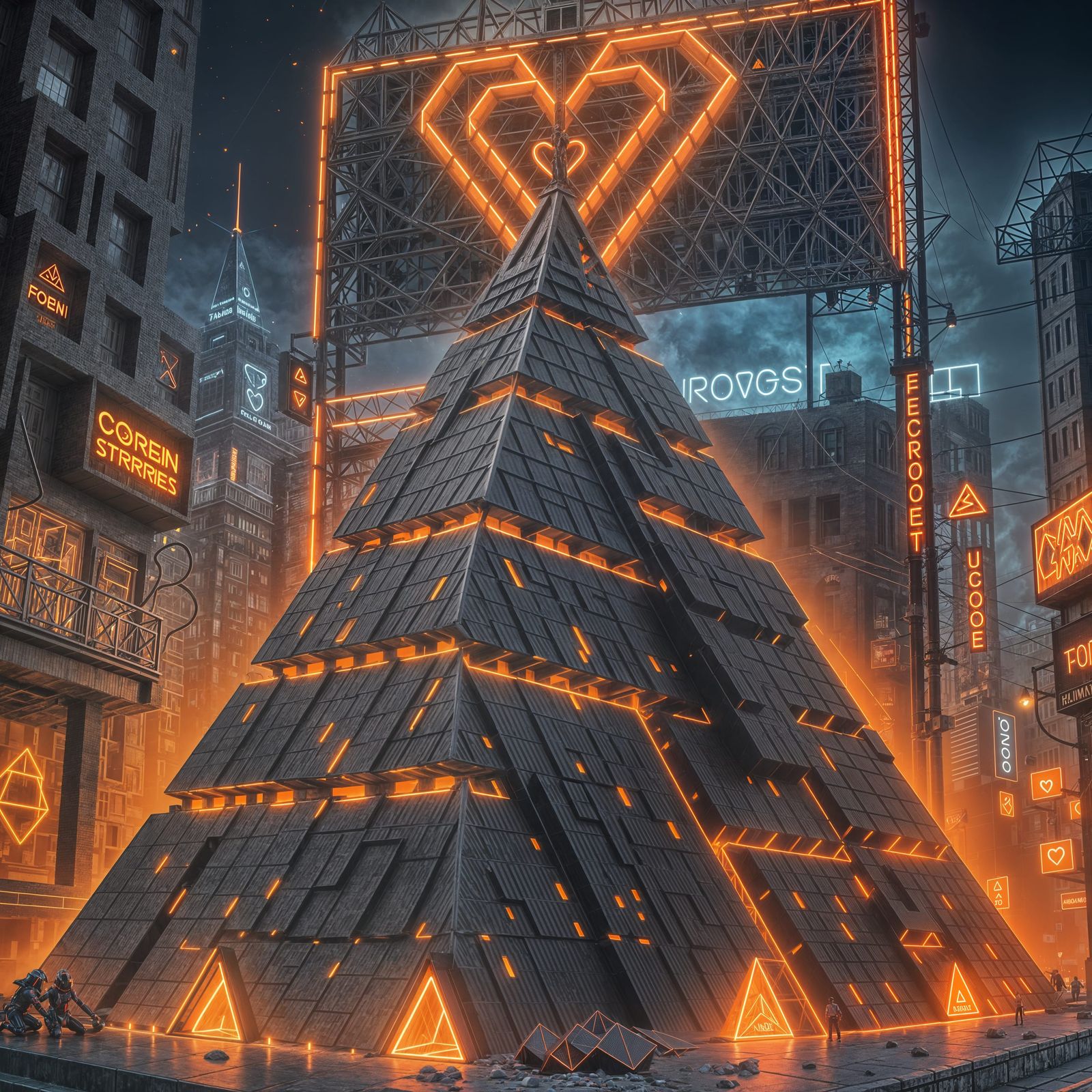 Carbon Fiber Pyramid with Neon Glow in Cyberpunk Style