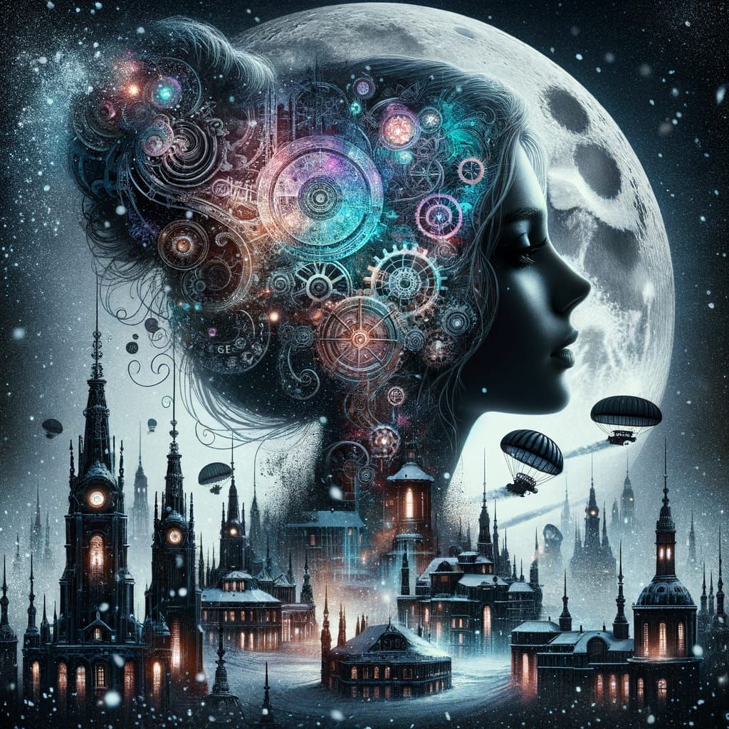 Surreal Steampunk Goddess Amidst Futuristic Cityscape