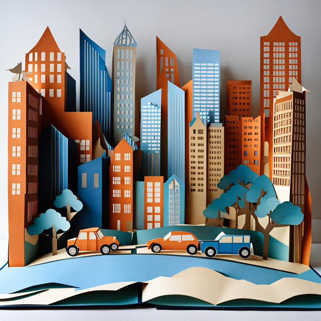 Art by Escher, Hokusai: Intricate pop-up book scene of a bus...