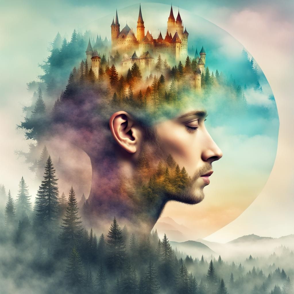 Fantasy Wizard Double Exposure Kingdom Landscape Illustratio...