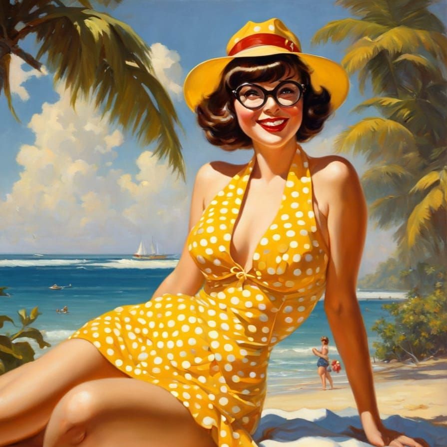 Velma Dinkley on Tropical Beach, Impressionistic Oil Paintin...