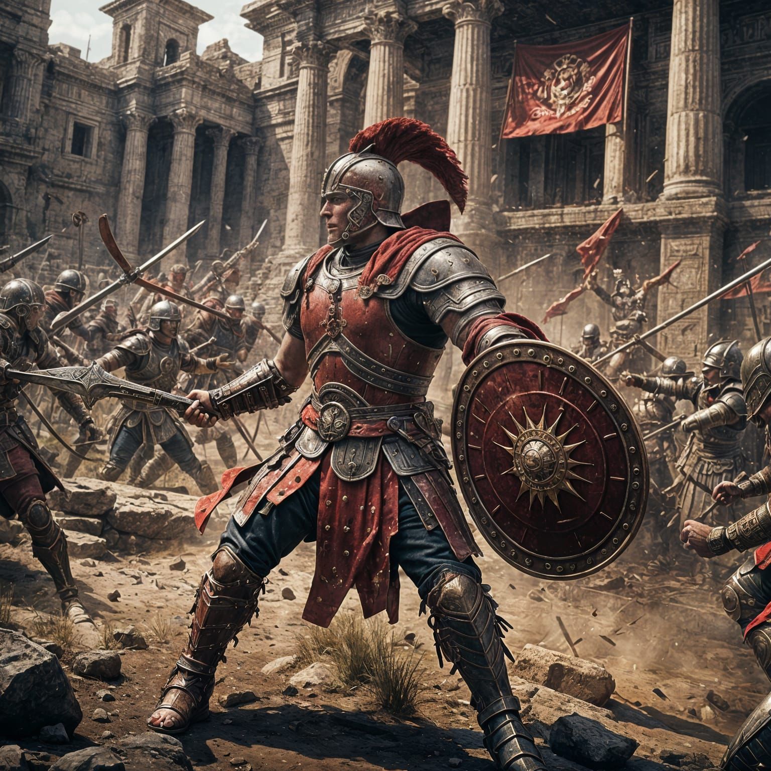 Roman Gladiator in Red Armor Battle: Detailed Matte Painting