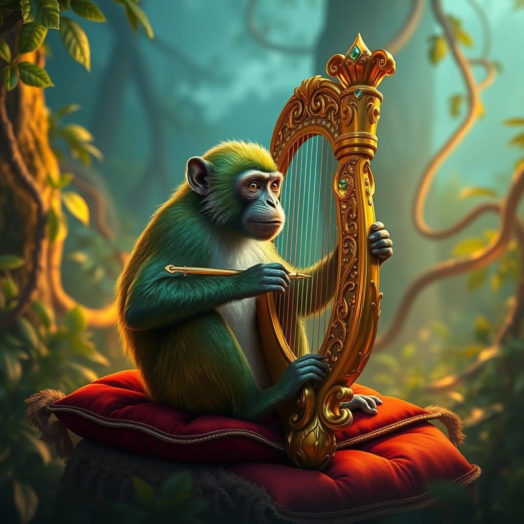 Mystical Forest Harpist in Vibrant, Iridescent Style