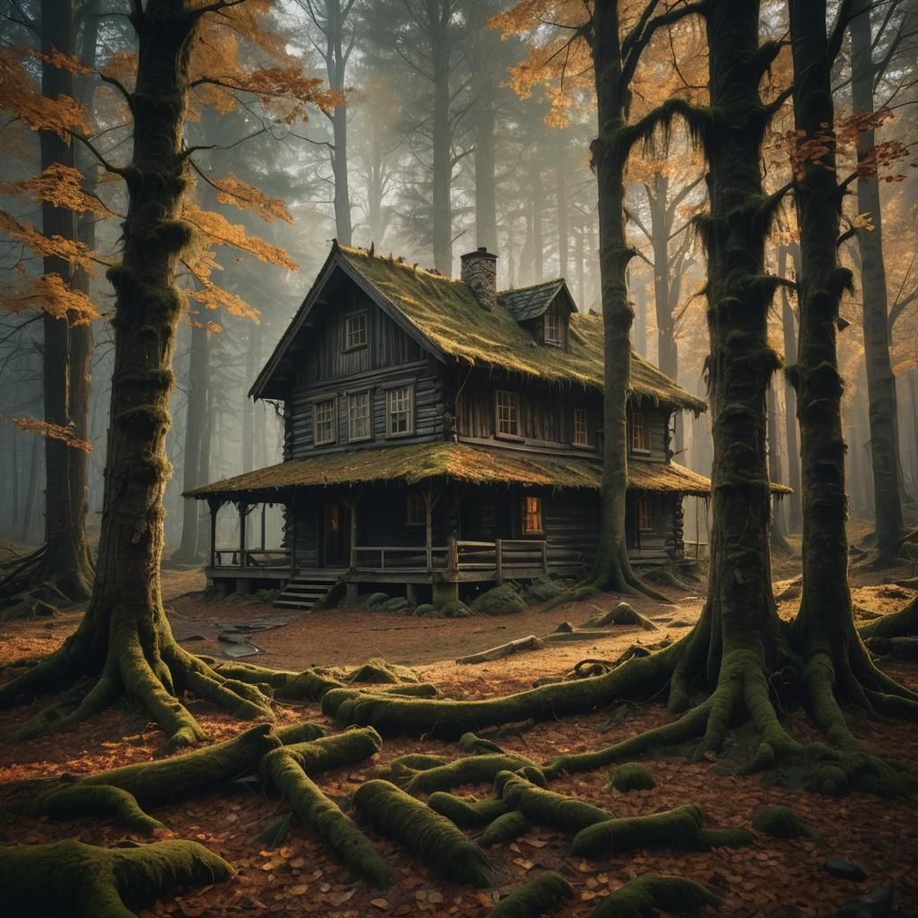 Eerie Cabin in Autumn Forest, Dark Fantasy Art