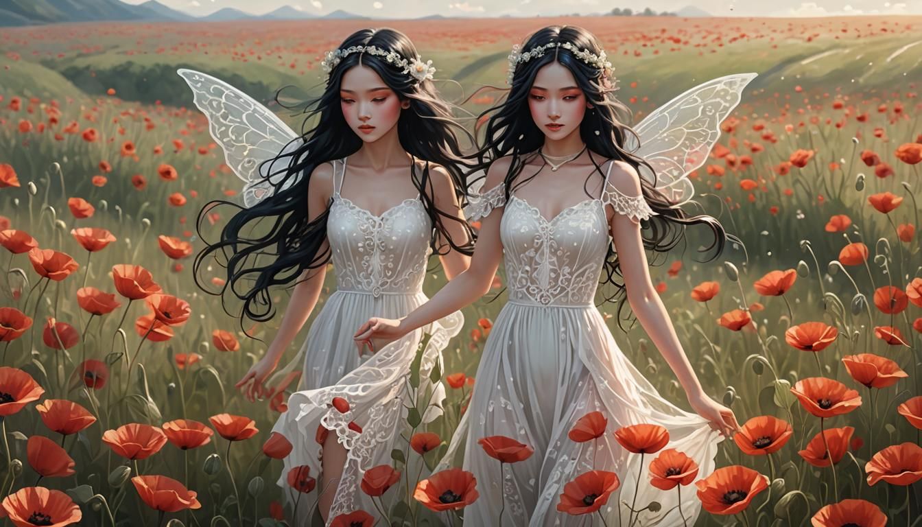 Single Fairy in Poppy Field, Airbrush Illustration