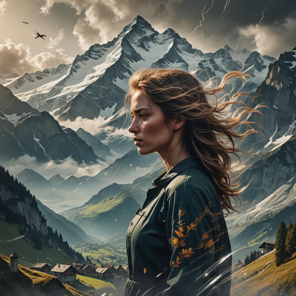 Girl with Swiss Mountain View in Double Exposure