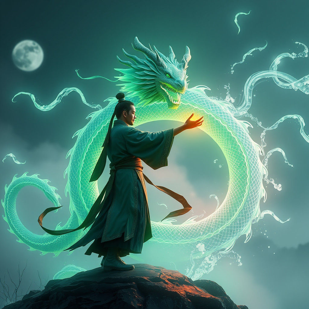 Tai Master Guides Dragon in Fantasy Landscape