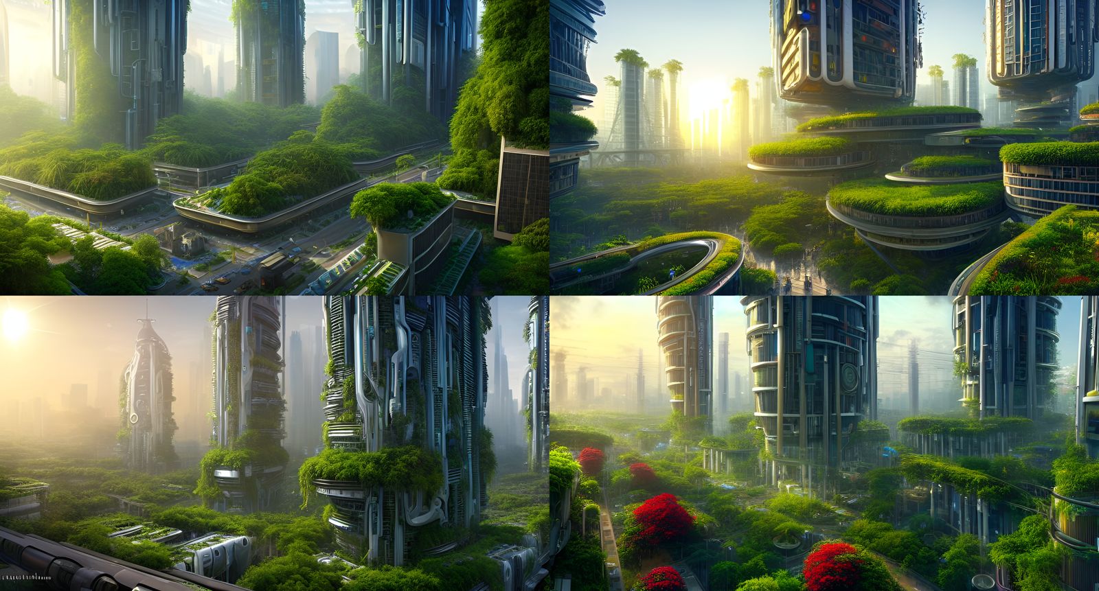 a enormous solarpunk biopunk futuristic modern vibrant megacity in a lush vibrant environment with vertical gardens at d...