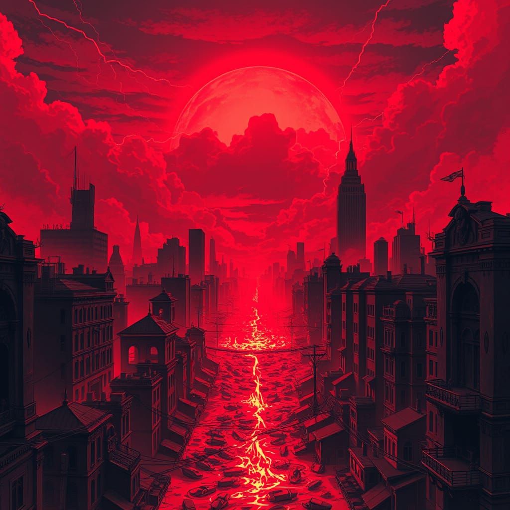 Dystopian Red Cityscape with Crimson Lightning