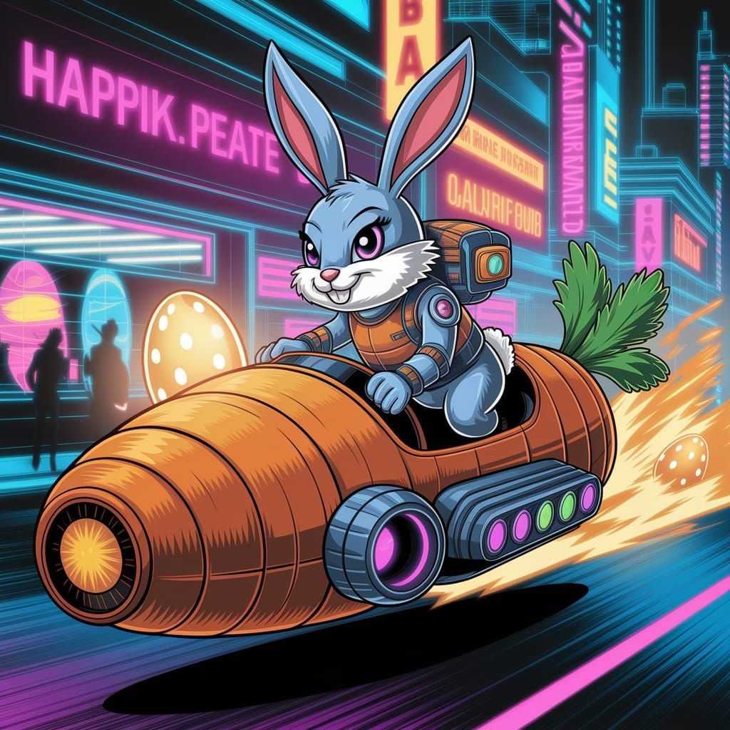 Cyberpunk Easter Bunny Zooms Through Neon City on Carrot-Sha...