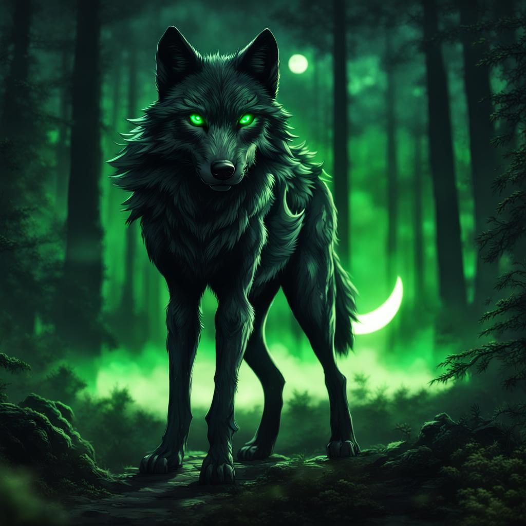 Black Wolf Gijinka with Glowing Green Eyes