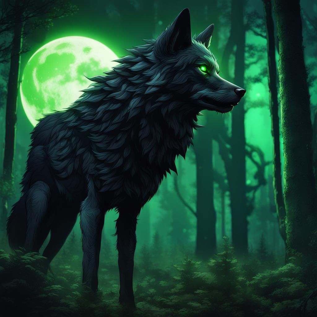 Black Wolf Gijinka with Glowing Green Eyes