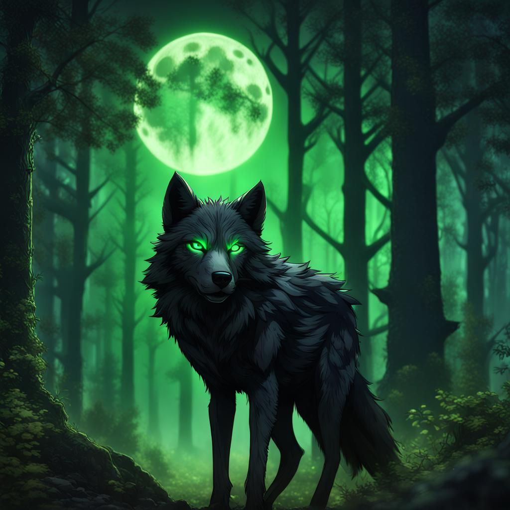 Black Wolf Gijinka with Glowing Eyes in Forest
