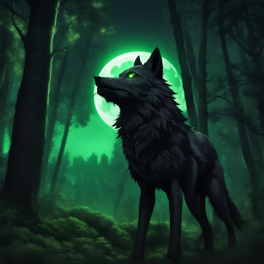 Black Wolf Gijinka in Moonlit Forest