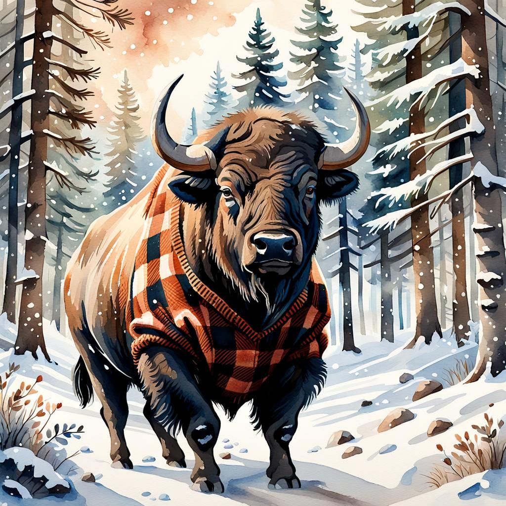Whimsical Buffalo in Snowy Forest, Watercolor Style