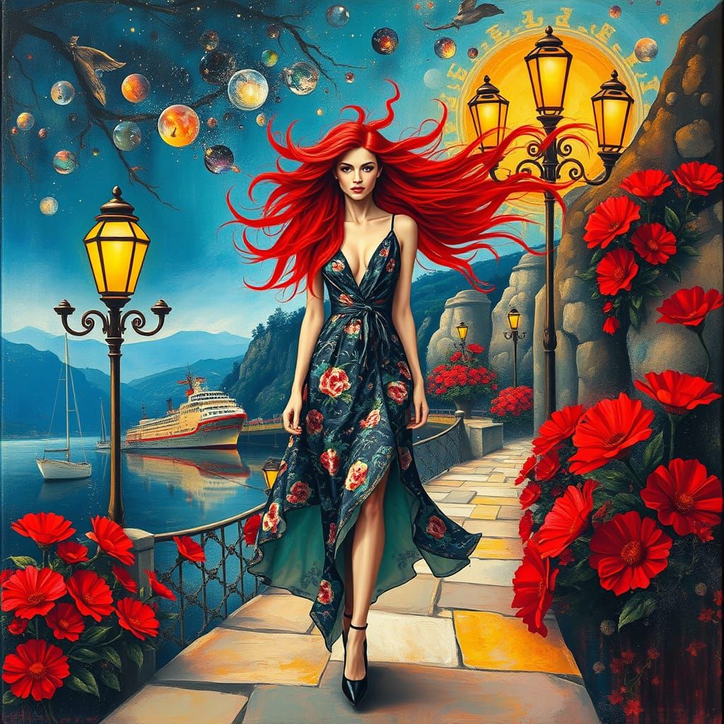 Surreal Woman in Impossible Architecture Dress on Montmartre...