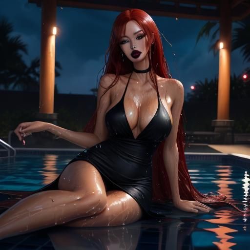 Anime-Style Woman with Red Hair by Pool