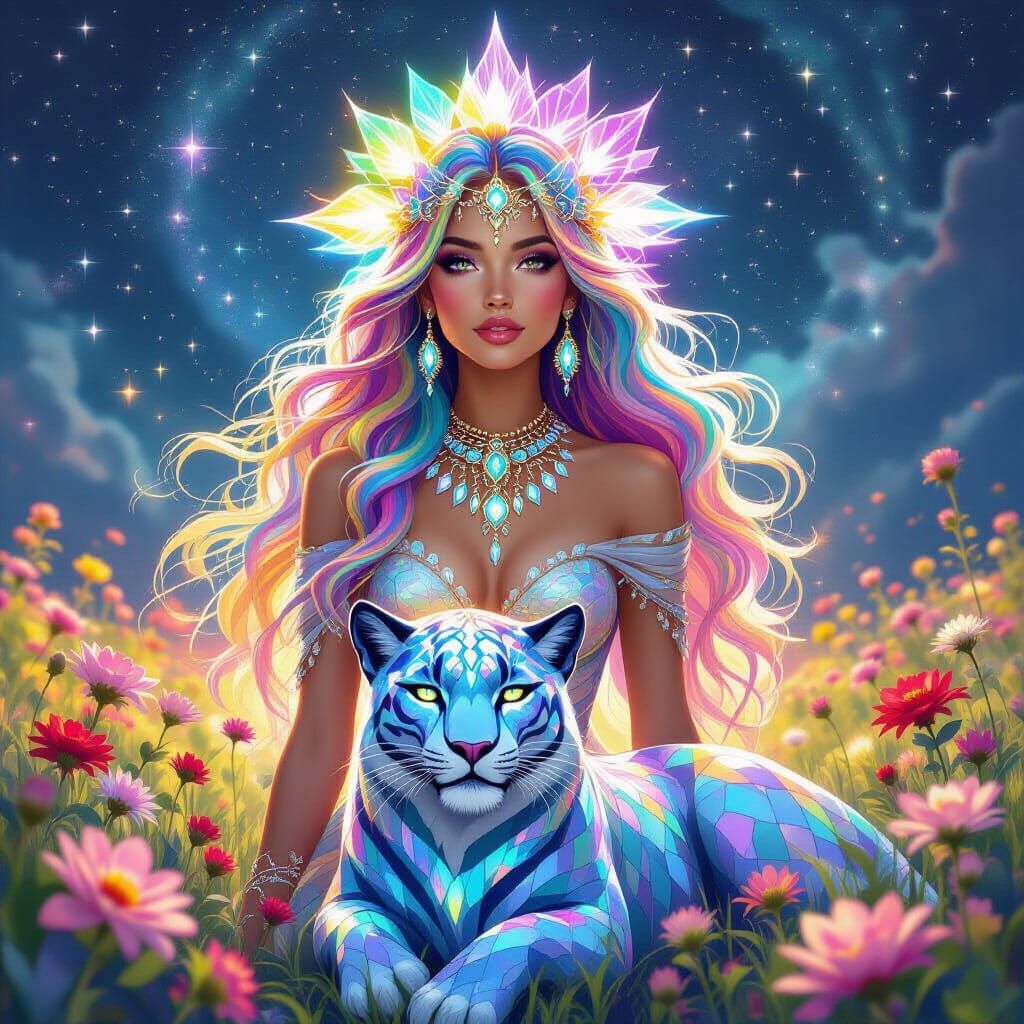 Astral Goddess with Crystal Panther in Cosmic Illustration