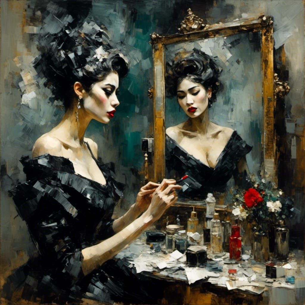 Eurasian Woman's Abstract Reflection: Impasto Oil Painting