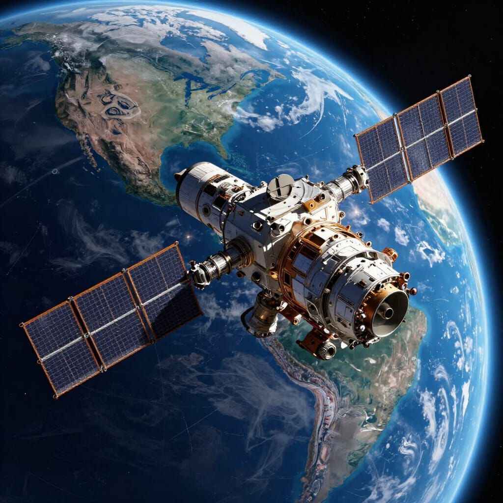 Detailed Satellite in Earth Orbit Digital Painting