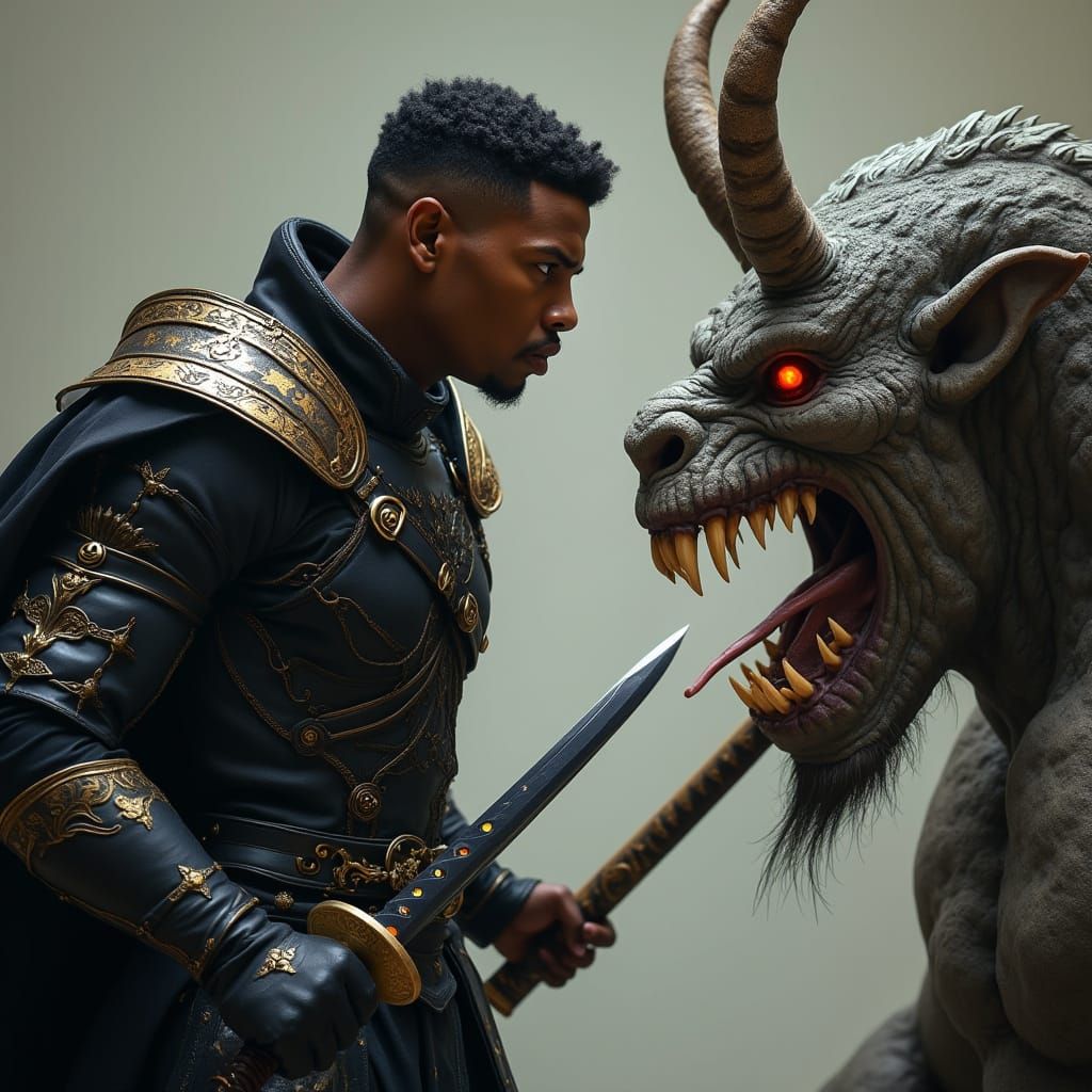 Regal Warrior God Confronts Fierce Horned Ogre in Epic Fanta...
