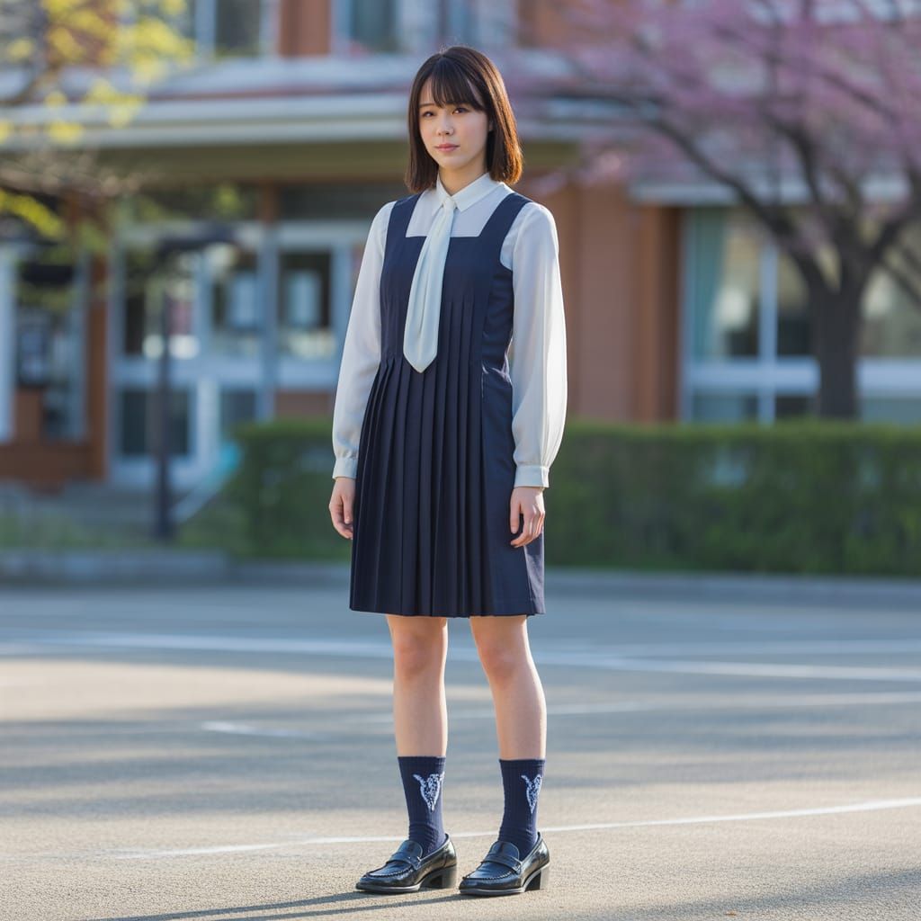 Japanese Schoolgirl in Stylish Uniform with Unique Blouse